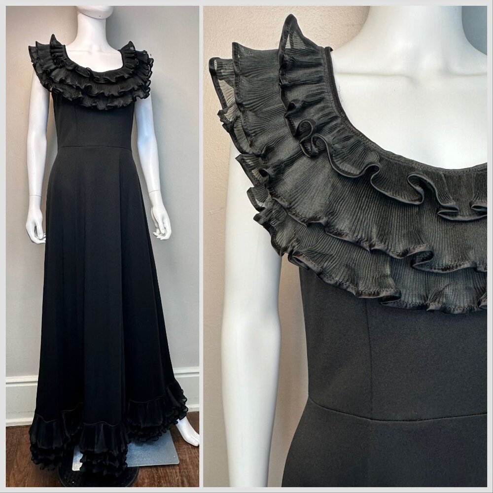 Vintage 1970s Black Sleeveless Maxi Dress, Ruffle Neck, Jack Hartley Size Medium